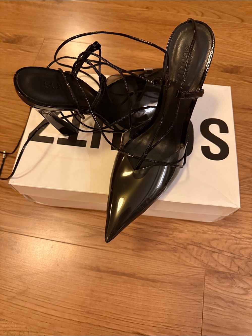 SCHUTZ Black Clear Pointed Lace-Up Heels - Picture 5 of 7